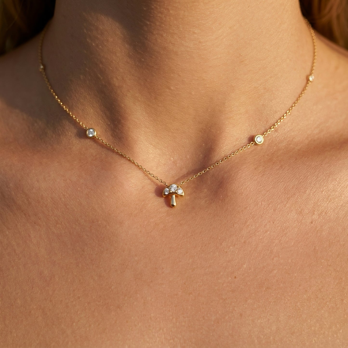 Collier exclusif en or 14 carats avec motif champignon et diamants | Certifié IGI
