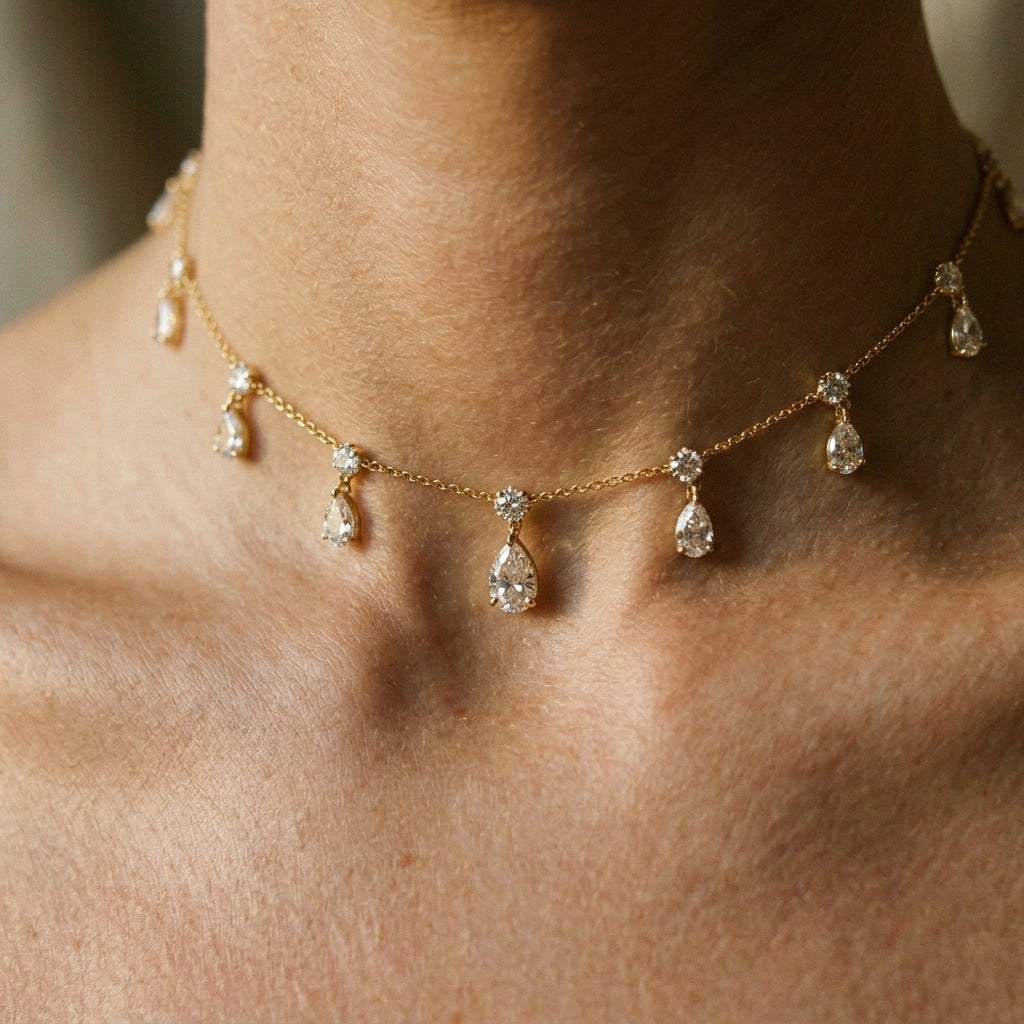 Choker Necklace | Drop Diamonds | IGI Certified | 14k Gold | Lunevya