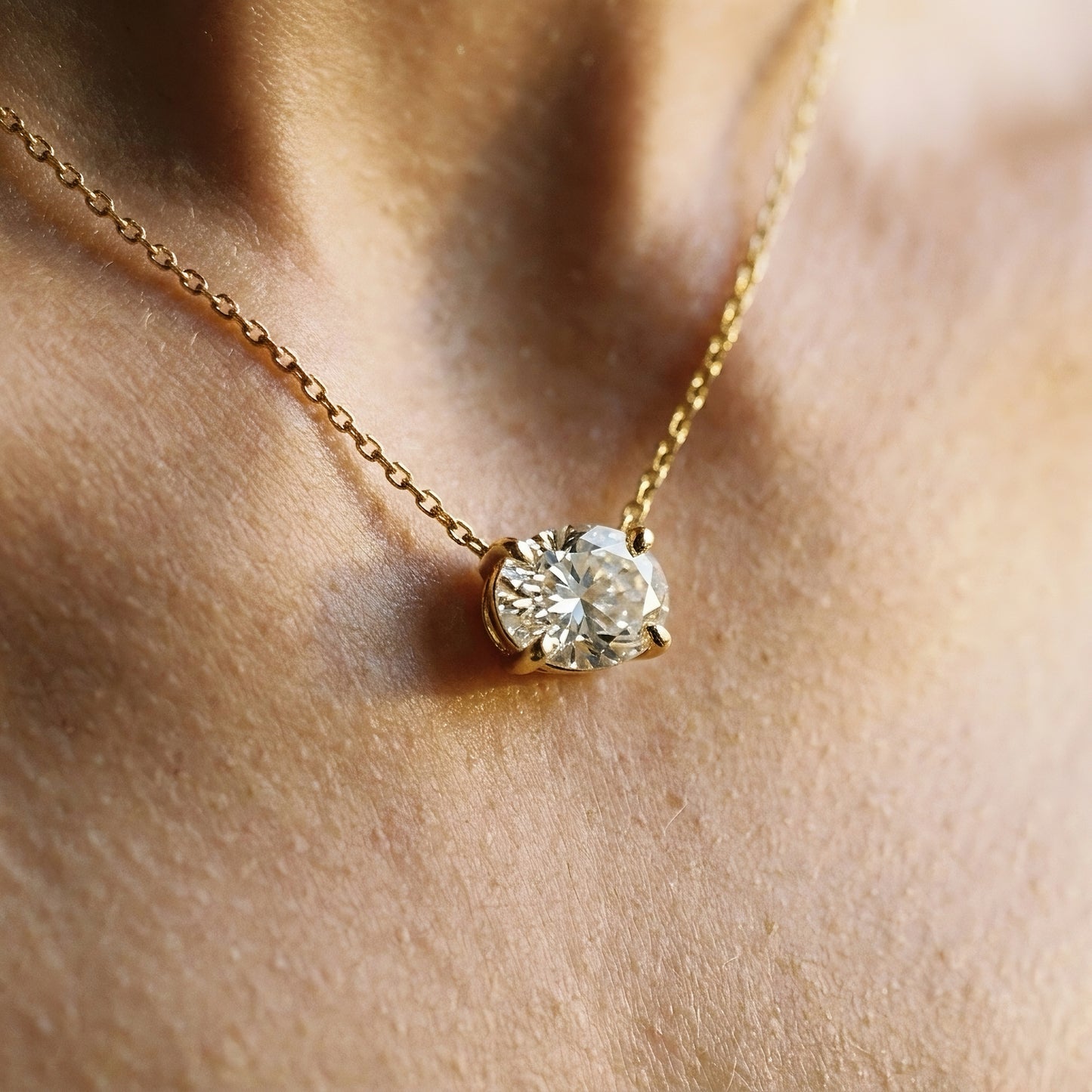 Gold Necklace | East-West Oval Diamond | IGI Certified | 14k Gold | Lunevya