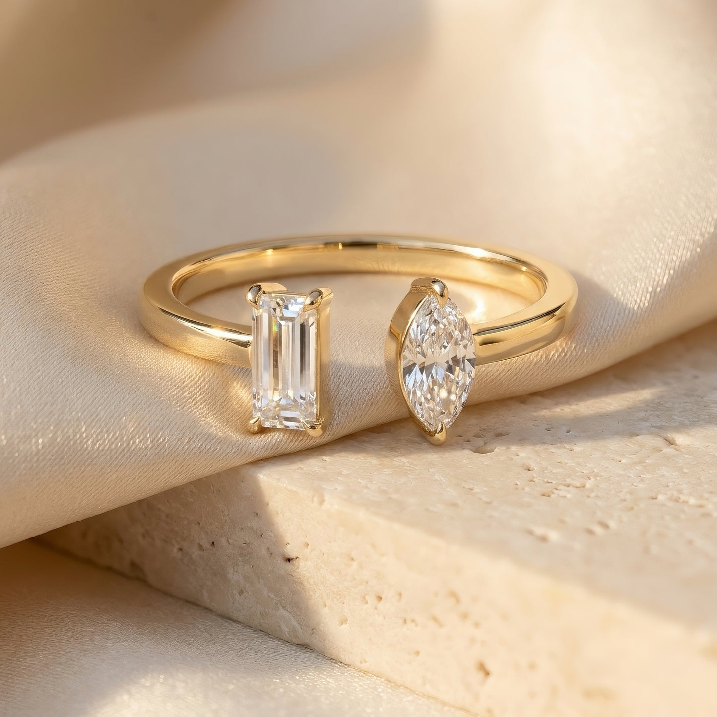 Lunevya Bague Toi et Moi Diamant | Taille Émeraude & Marquise | Or 14 carats | Design Personnalisé